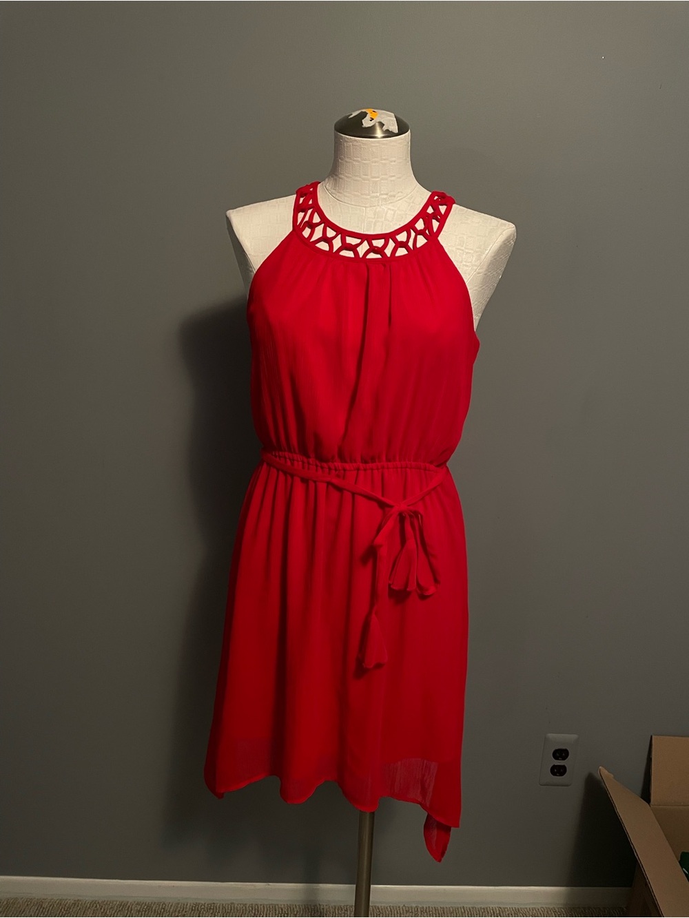 No Boundaries Red Halter Dress with Lattice Neckline